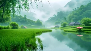 绿色山水湖泊稻田