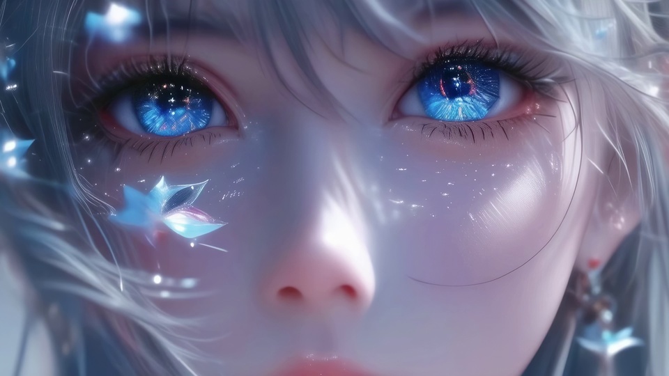 近景二次元少女面部特写，蓝眸嵌星光，脸颊浮冰蓝色叶片，浅灰发丝泛柔光。