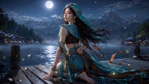 月夜湖畔异域古风美女