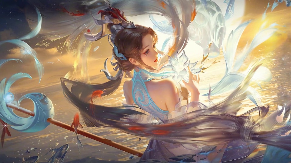 国风唯美插画，梳古风高盘发的浅蓝露背服饰女性手持发光白莲花，旁侧立有带悬浮浅蓝光球的水纹长杖，背景是日落泛金橙的水面，飘着蓝水浪与红色锦鲤。