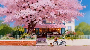 唯美樱花树下小屋