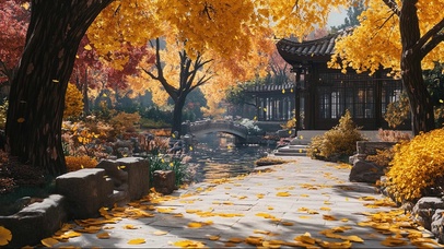 庭院深秋落叶古亭
