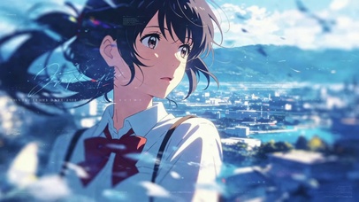 清新动漫少女眺望城市风光