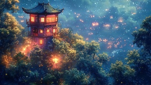 山林古风小镇静谧夜景