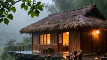 护眼雨天树木房屋带鱼屏