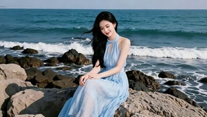 海边石滩上的蓝色纱裙长发美女