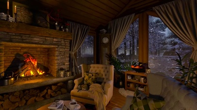 4K雪天夜晚壁炉木屋