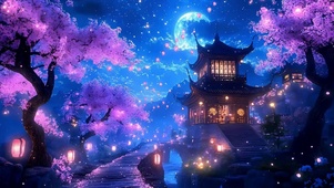 夜景古风樱花树木