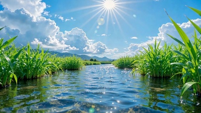 晴空暖阳河流自然风光