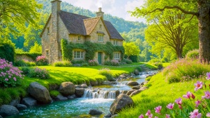 春天溪边小屋 