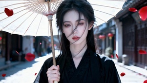 古风黑衣撑伞清冷美人