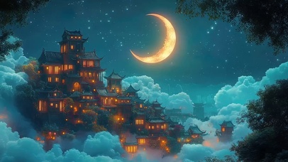 弯月星空云上古城建筑