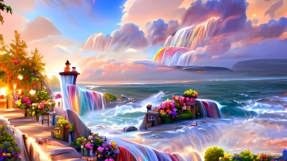 大海与瀑布蓝色海水