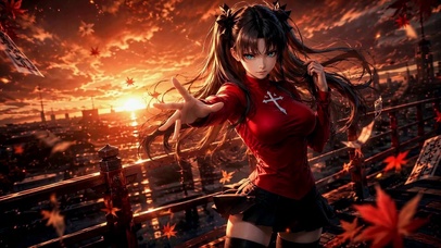 夕阳红叶下的二次元美少女