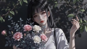 玫瑰丛中的氛围感美少女