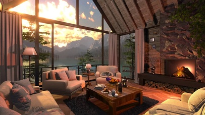 傍晚夕阳湖畔小屋