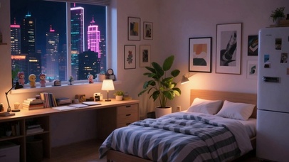 4K温馨卧室窗外城市夜景