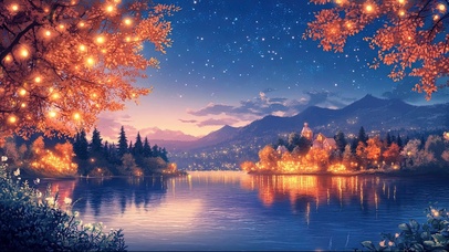 秋夜红叶湖畔森林夜景