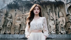 莫高窟佛像前留影的美女
