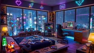 科幻雨夜霓虹游戏房间