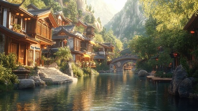 清新夏日落日水乡建筑