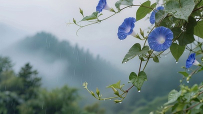 雨中蓝色牵牛花