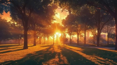 城市公园树林落日阳光