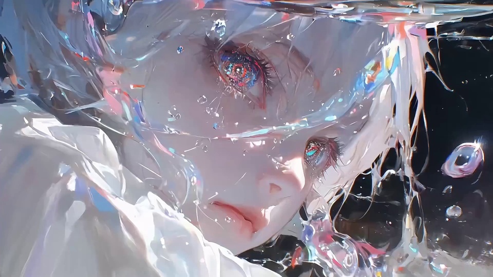 浅淡水色包裹的二次元人脸局部特写，双眼虹膜泛着红蓝幻彩反光，周围漂浮着细碎气泡，以海底为背景。