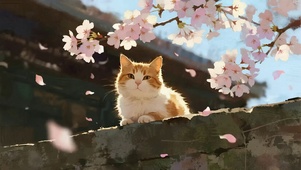 花枝下的胖橘猫