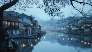烟雨朦胧江南小镇傍晚