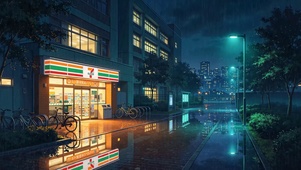 雨夜路边便利店