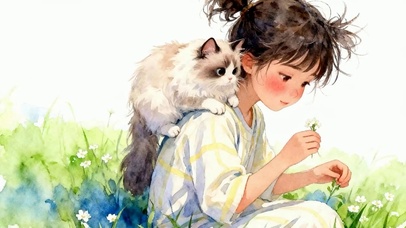 草地女孩与猫咪