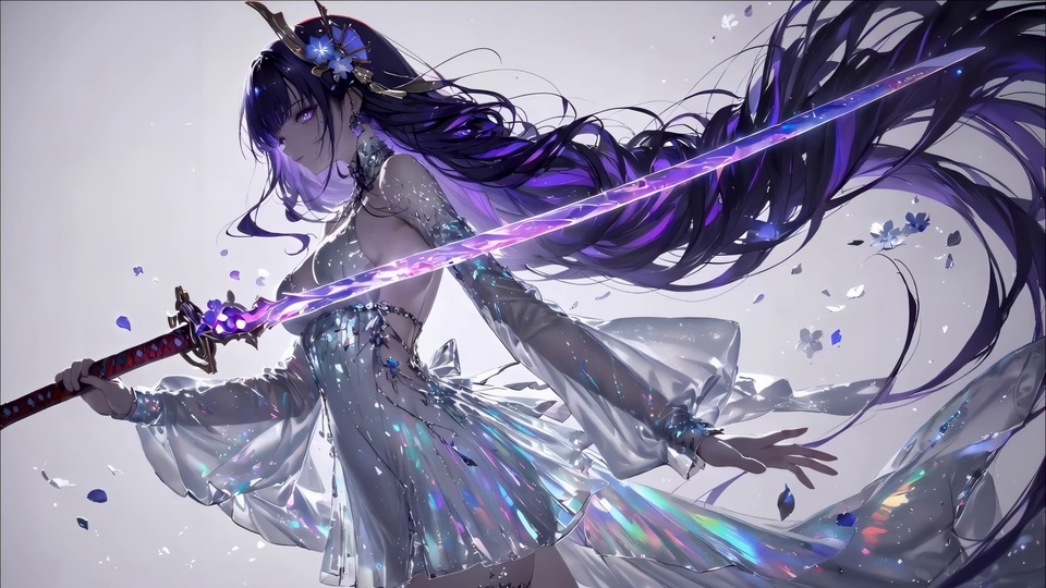紫发二次元少女身着虹彩露背短裙，持发光紫光武士刀，身周飘散蓝白花瓣