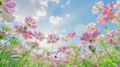 晴空下的粉色唯美花海