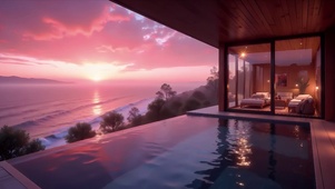 小屋晚霞海浪