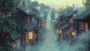 朦胧清晨云雾古城建筑