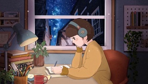 星夜中学习的女孩