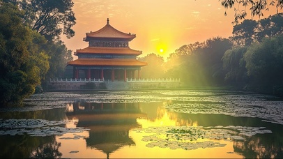 落日荷塘古建筑