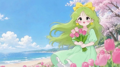 海边樱花下的可爱女孩