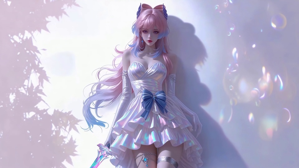 粉蓝渐变长发少女穿幻彩短礼裙持彩色短剑，背景朦胧柔和，带有虹彩光斑与枝叶剪影。