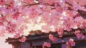 桃花树下的小猫