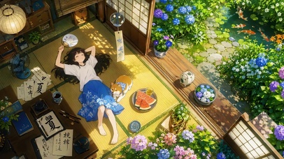 惬意夏日庭院美少女