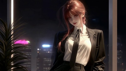 都市夜晚西装红发美少女