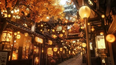 繁华秋日古镇商业街道