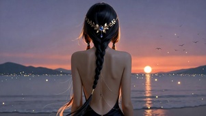 海边日落唯美少女背影