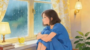 窗边听雨的蓝衣女孩