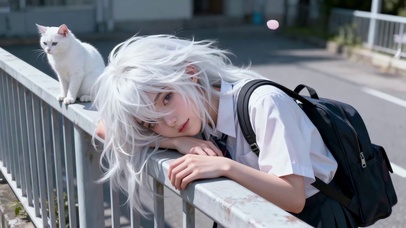 白发JK少女与街头白猫