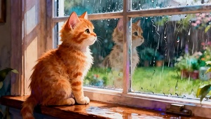 猫咪望着外面下雨