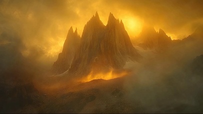 日出晨雾岩石戈壁