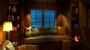 雪夜小屋壁炉